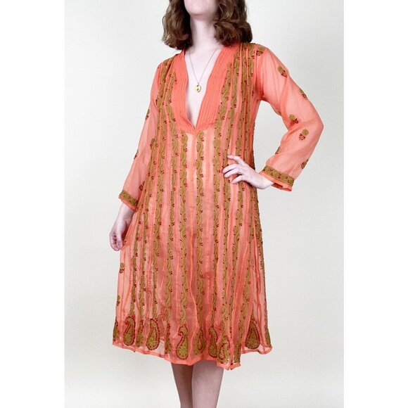 Vintage Embroidered Swimsuit Cover Up Midi Dress Sheer Coverup Beach Boho Light - Picture 1 of 6